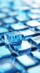 Poster - Close-up view showcasing the glossy surface and texture of blue glass tiles arranged in an artistic pattern