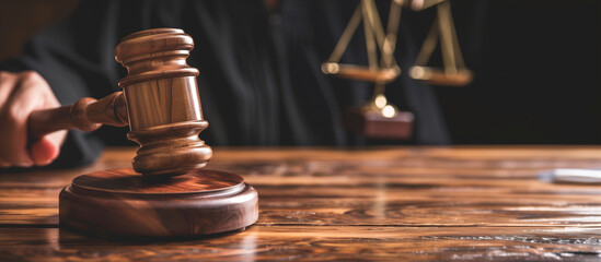 close up on the gavel of the judges table . Close-up of gavel on judge desk, symbolizing court trial, justice and legal decisions in courtroom