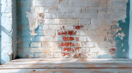 Wall Mural - Natural light illuminates an aged brick wall and wooden floor in this empty room