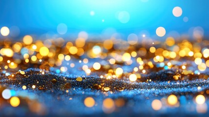 Poster - Soft bokeh lights in blue and gold create an enchanting atmosphere perfect for celebrations or artistic design