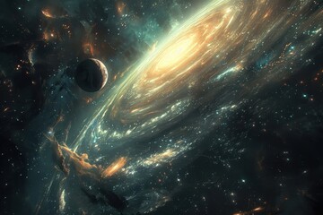 Canvas Print - Glowing Spiral Galaxy with Distant Planet
