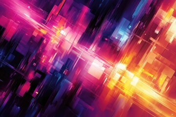 A colorful, abstract cityscape with bright lights and a sense of movement. The image is a work of art that evokes feelings of excitement and energy