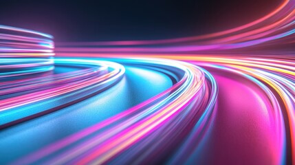 Poster - Colorful neon light trails swirl through dark space, creating a vibrant, mesmerizing illusion of movement
