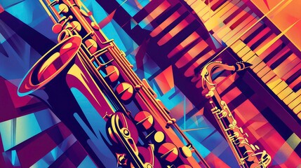 Poster - A close-up shot of two saxophones in a colorful, abstract, geometric background.