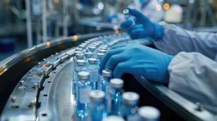 Poster - a scientist in a lab coat and blue gloves works on a machine, focus is on the hands and tools
