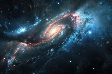 Wall Mural - Glowing spiral galaxy with bright center and blue and red glowing arms in deep space.