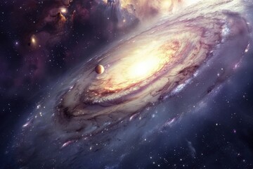 Canvas Print - Glowing spiral galaxy with a bright center and a planet orbiting it, surrounded by colorful nebulae and stars in deep space.