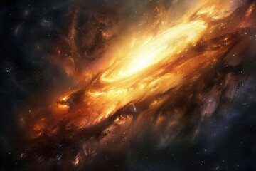 Wall Mural - Glowing orange and yellow gases form a spiral galaxy with bright stars in the cosmos.