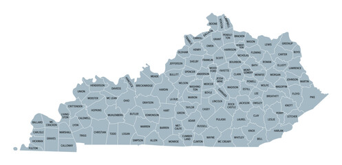 Sticker - Kentucky, U.S. state subdivided into 120 counties, gray political map with borders and county names. Commonwealth of Kentucky, a state in the Southeastern Region of USA, nicknamed The Bluegrass State.