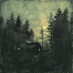Wall Mural - A cabin in a forest at night with a starry sky