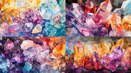 Crystalline texture in watercolor of mineral and gemstone studies, polished surfaces, and vivid mineral colors 