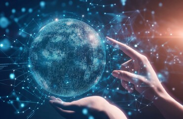 Poster - An illustration of hands holding and pointing at the screen, with digital code flowing from, symbolizing AI technology or data science