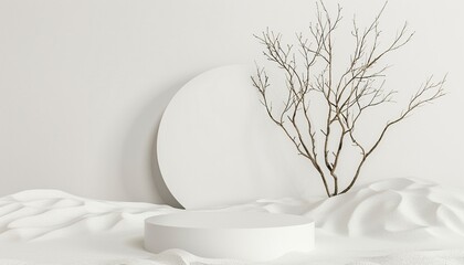 Minimal mockup background for product presentation. Podium and dry tree twigs branch with white sand beach on white background. 3d rendering illustration, generative ai