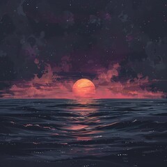 Wall Mural - A large orange sun sets over a calm sea with a dark blue sky filled with stars