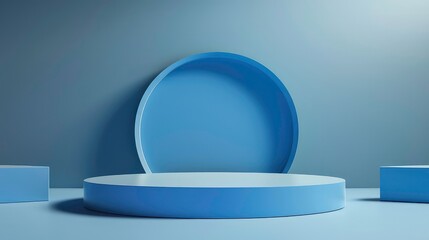 Aufkleber - A 3D rendering of a blue podium with two smaller cubes on either side and a large blue circle in the back. The image has a minimalistic, modern aesthetic.