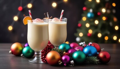 dark Christmas decoration background including an arrangement of colorful ornaments and a glass of eggnog, with a blurred background and clear copy space, ai