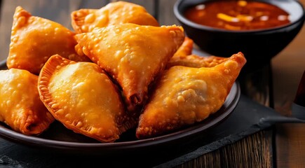 Poster - Traditional Indian food Samosa. The image shows golden-brown, deep-fried triangular pastries filled with savory ingredients, served on a dark plate with dipping sauce.