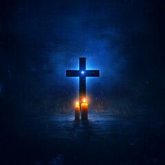 Cross Silhouette Under a Starry Night: A wooden cross silhouetted against a deep blue starry sky, illuminated by the soft glow of two candles in the foreground, evoking a sense of peace and reverence.