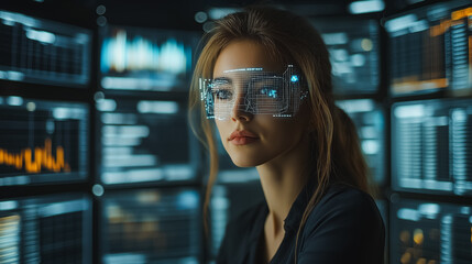 Poster - Futuristic office space with financial analysts using AI-driven tools