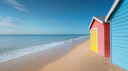 a red and blue beach hut sitting on top of a sandy beach