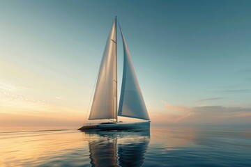 Wall Mural - A sailboat floats peacefully on the ocean's surface as the sun sets in the background