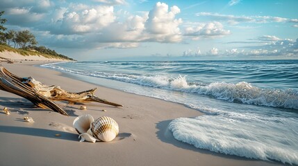 Sticker - seashells and driftwood on a sandy beach