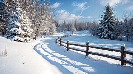 Canvas Print - a snow covered field next to a wooden fence