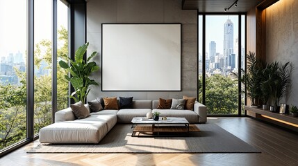 Wall Mural - a living room with a large couch and a large window