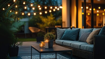 Poster - a patio with a couch and a table with candles on it