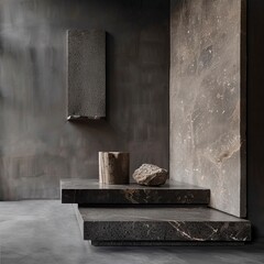 Minimalist scene with stone podium, natural materials, dark colors luxury,generative ai