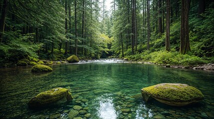 Wall Mural - a river surrounded by trees and rocks in the middle of a forest