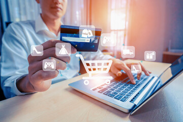Customer open hologram graphic interface controlling device choosing online platform. Smart consumer touch gadget open e-commerce application using cashless technology shopping inventory. Cybercash.