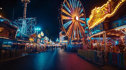 Poster - a carnival at night with a ferris wheel and rides