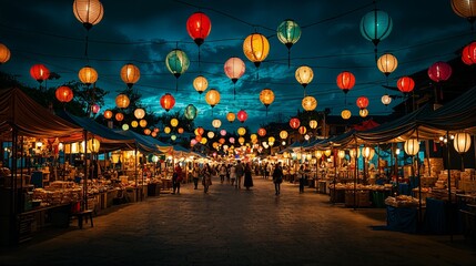 Wall Mural - a group of people walking through a market under lanterns