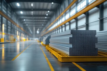 a high-resolution, detailed rendering of aluminum extrusion bars stacked in an industrial warehouse 