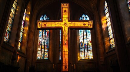 A beautifully crafted wooden cross illuminated by stained glass windows inside a historic European church, with soft light enhancing its sacredness.