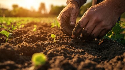 a close-up of a farmer hands planting seeds in rich soil, with the sun shining down on the fruitful 