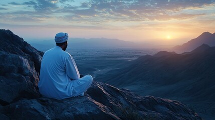 A Muslim man in traditional attire, praying on a mountaintop at dawn, with the first light of day breaking over the horizon.