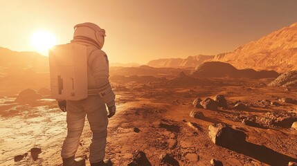 An astronaut taking a first step on Mars, with the red planet's rocky surface stretching out and the sun shining dimly in the Martian sky.