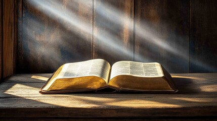 An open Bible on a wooden table, with sunlight streaming through a nearby window, casting soft shadows on the pages.