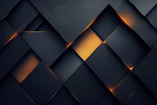 Abstract geometric background with dark blue squares and golden accents.