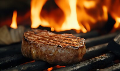 Wall Mural - Delicious beef steak being grilled over a fire, Generative AI