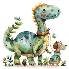 colourful cartoon illustration of a friendly dinosaur walking a cute puppy dog. perfect for kids' bo