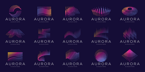 set of minimalist aurora logo big bundle with gradient modern color branding on dark background.