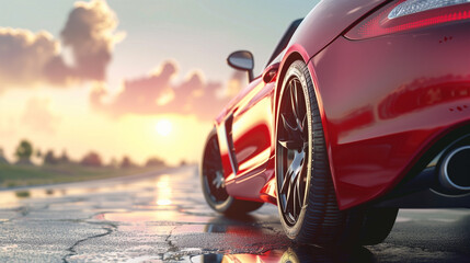 Poster - low angle view of a modern red car on road