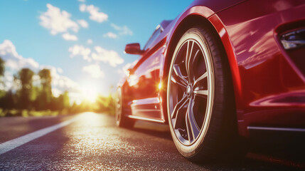 Poster - low angle view of a modern red car on road