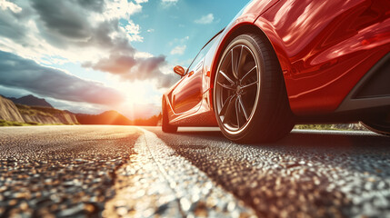 Poster - low angle view of a modern red car on road