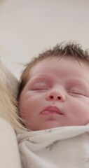 Sticker - Peaceful, sleeping and newborn baby on a bed at a home in the bedroom for resting and dreaming. Cute, sweet and little infant, child or kid taking a nap in the morning in the nursery at family house.