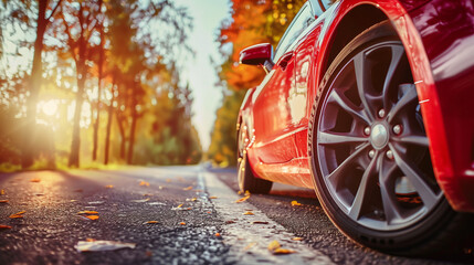 Poster - low angle view of a modern red car on road