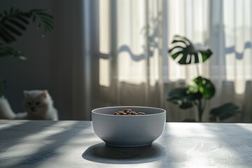 Wall Mural - A breakfast scene featuring a bowl of cereal on a table with a curious cat in the background